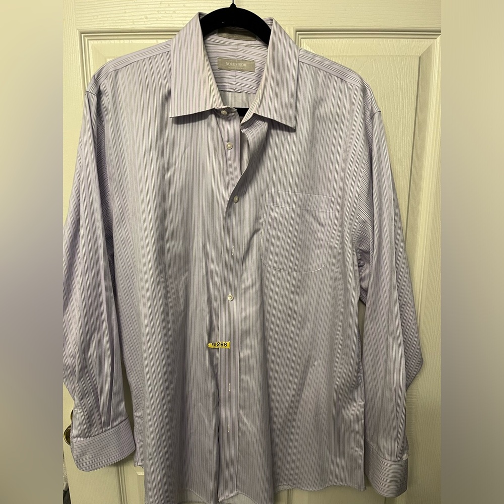 Nordstrom Smartcare Mens Tradional Fit Wrinkle-Free Shirt Purple Stripe 17/35